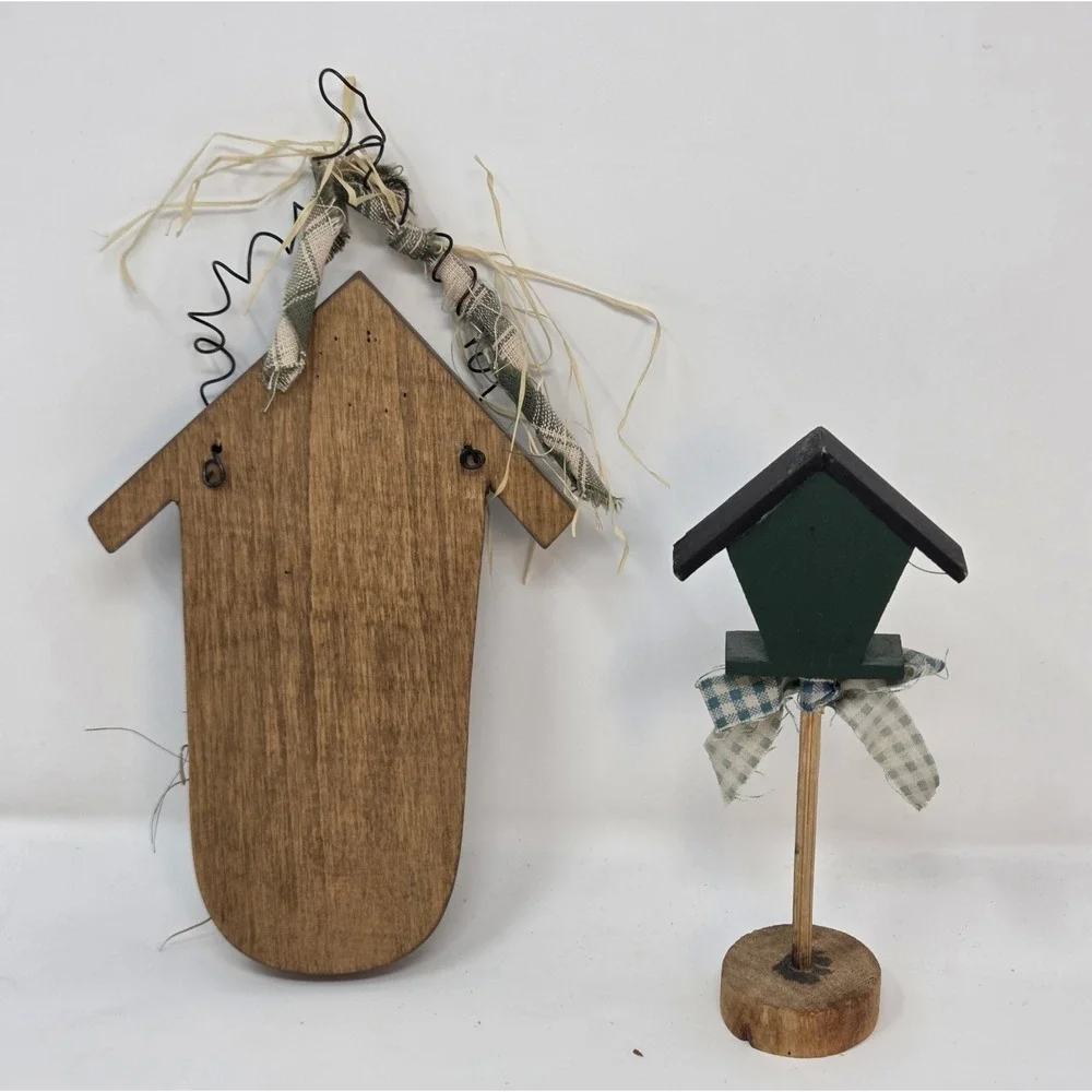 Primitive Country Wood Birdhouse Decor Set 2 Farmhouse Heart Checkerboard Bow